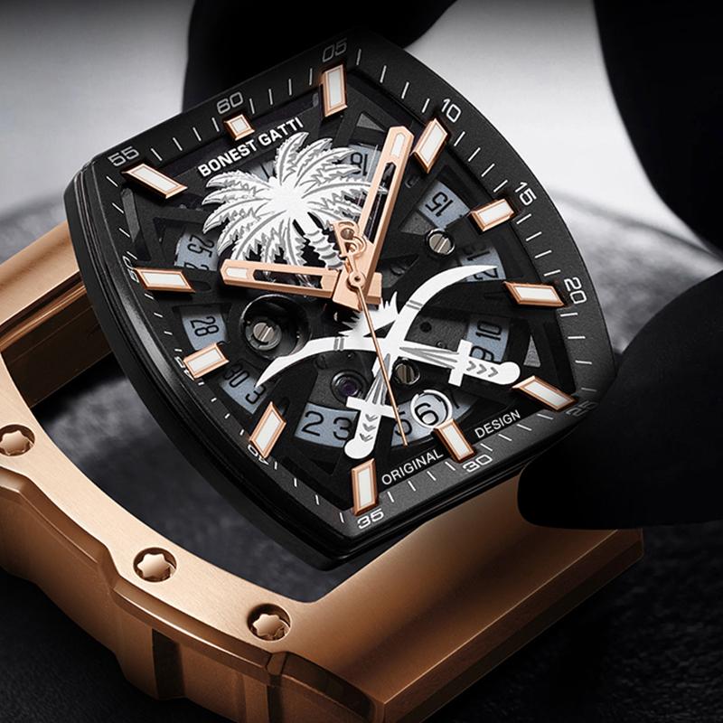 BONEST GATTI BG9904 Luxury Fashion Men's Barrel Shaped Automatic Mechanical Watch Light Coconut Grove Theme Wristwatch for Men