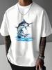 Unisex White Tee Marlin Fish Ocean Wave Graphic Print Crew Neck Short Sleeve Summer Fishing Casual Male Outdoor Cotton Street Top