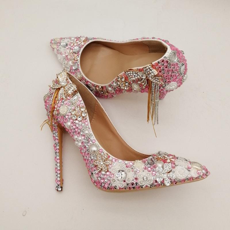Fashion Luxury Tassel Bow Crystal Rhinestone Wedding Bride's Shoes Fairy Style White Pink Pearl Banquet 5cm 8cm 10cm High-heeled Shoes43