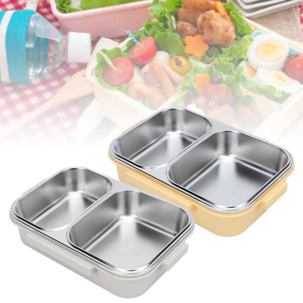 Stainless Steel Lunch Box Container Sealed Odorproof 2 Compartment Portable Square 1.2L