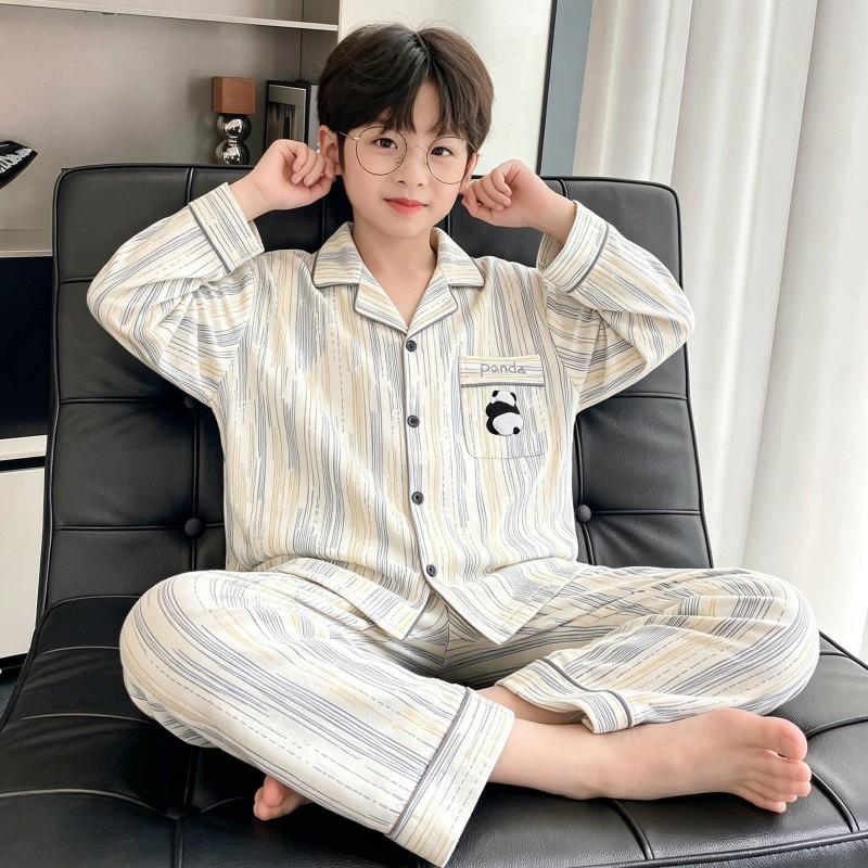 Boys Cotton Pajama Set Long Sleeve Thin Sleepwear Cartoon Print Hoodie Style Home Wear Kids 8