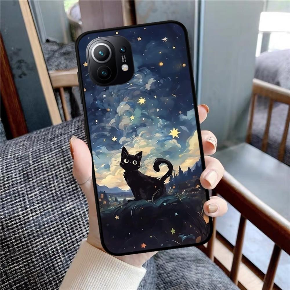 Cartoon Animal Black Cat Oil Painting Phone Case For Xiaomi Mi 5X 8 9 10 11 12 Lite Pro 10T PocoX3pro PocoM3 Note 10 Pro Lite