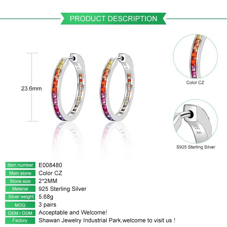 Fashion Rainbow Jewelry Custom CZ 925 Sterling Silver Rhodium Plated Rainbow Color Cubic Zirconia Hoop Huggie Earrings for Women