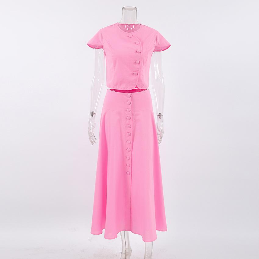 Women Vest Skirt Suit Solid Color O-neck Single Breasted Short Sleeve Short Top Button Wide Leg Skirts Female Summer Lady Beach Wears