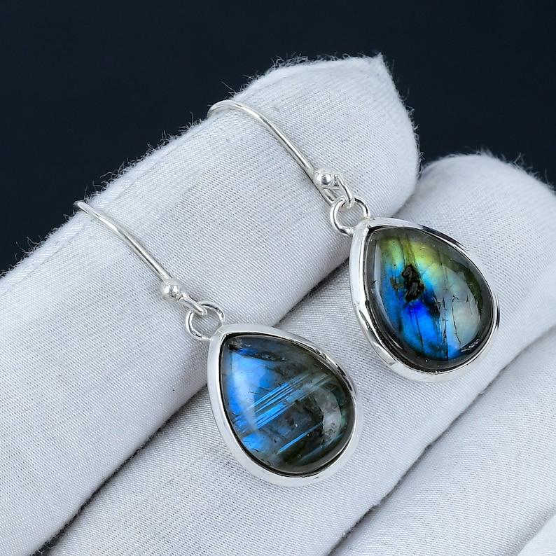 

Серьги-подвески из стерлингового серебра 925 пробы с натуральным лабрадоритом, женские, ручной работы, дизайнерские, с камнем месяца рождения