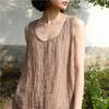 Johnature Women Tank Tops Summer Chinese Style O-Neck Sleeveless Cloths Solid Color Soft Loose Tank Tops