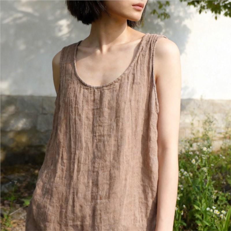 Johnature Women Tank Tops Summer Chinese Style O-Neck Sleeveless Cloths Solid Color Soft Loose Tank Tops