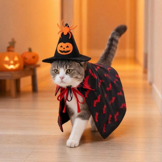 Huaqianguhh 1 Set Pet Halloween Costume, Spider Pumpkin Wizard Hat And Double-Sided Bat Print Cape, Holiday Party Outfit for Cats Dogs