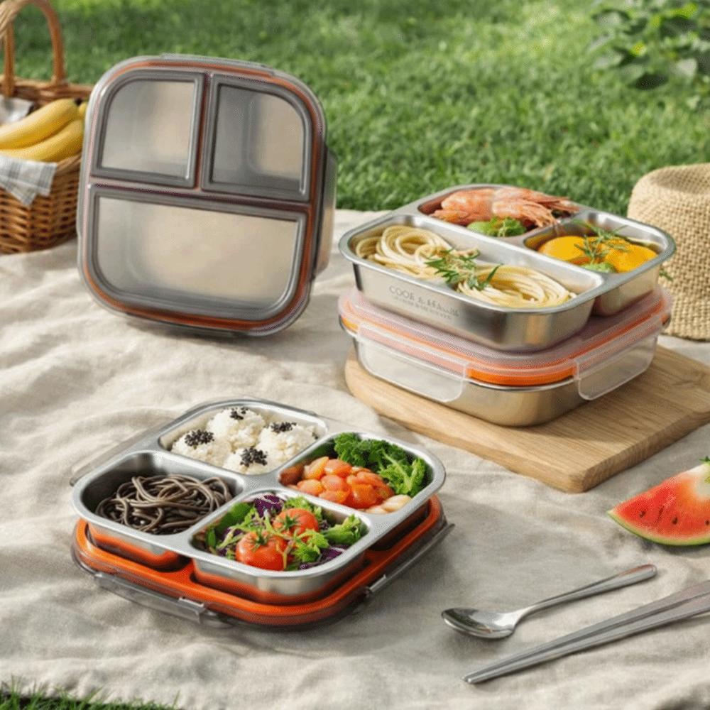 3/ 4 Grids Stainless Steel  Lunch Box Reusable Student Meal Plate Tableware Food Container  Camping