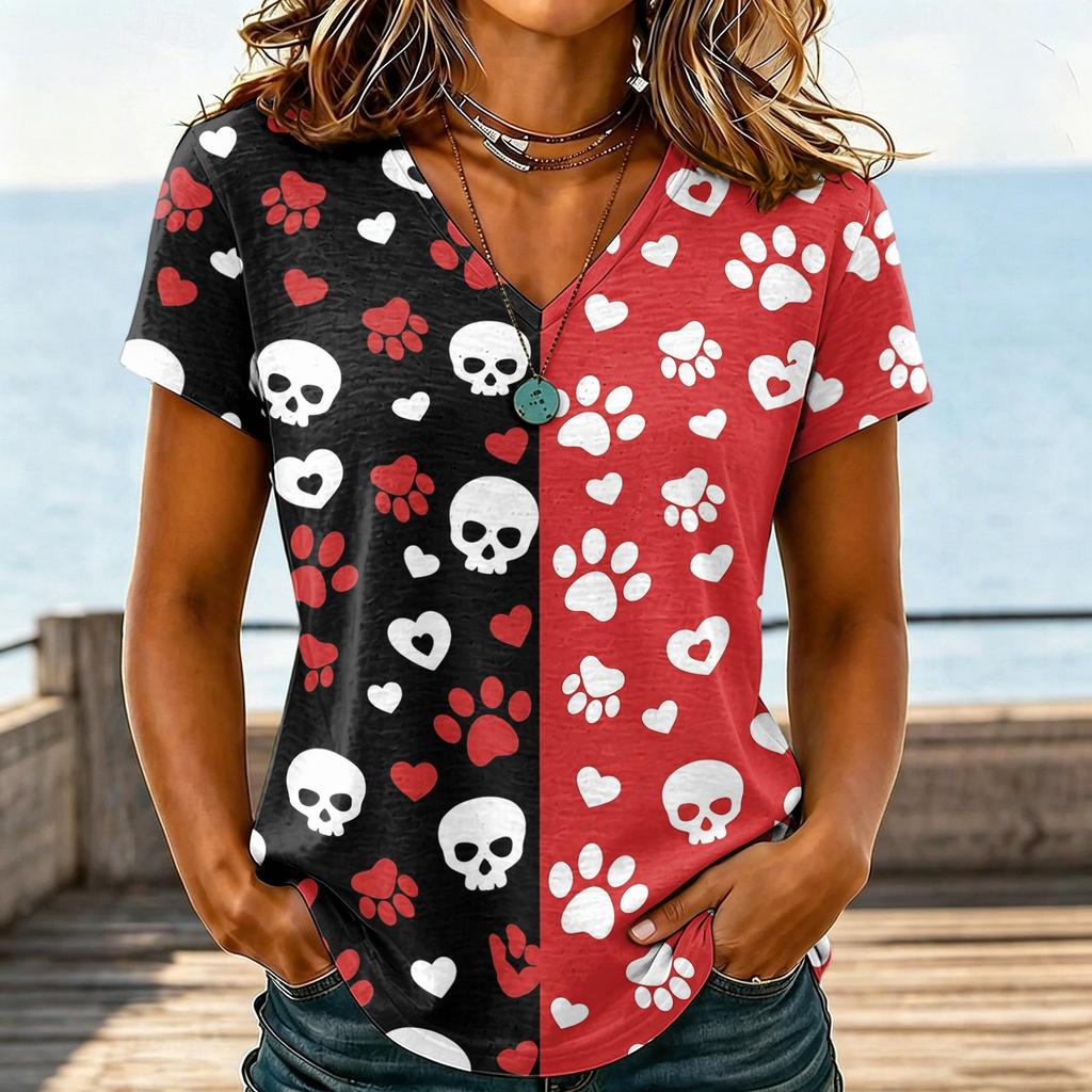 Women's Casual V-Neck Halloween Printed T-Shirt for Holiday Party and Everyday Wear