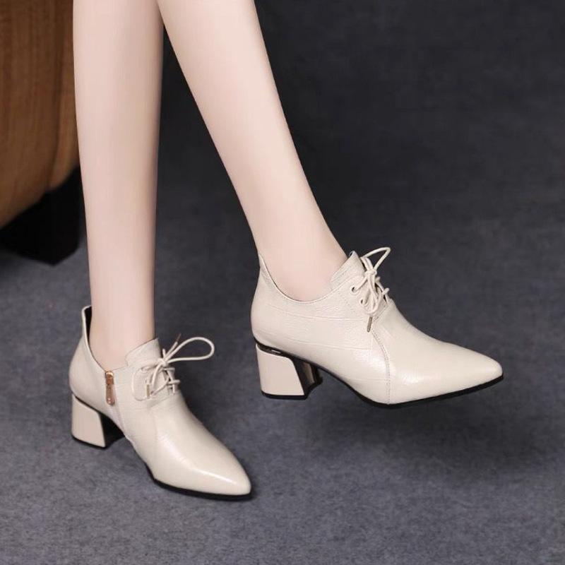 Женские Туфли Модные На Толстом Каблуке Остроносые Кожаные Туфли Женские Осенние Новые На Шнуровке Однотонные Туфли Универсальные Рабочие Туфли Боковая Ссылка 34