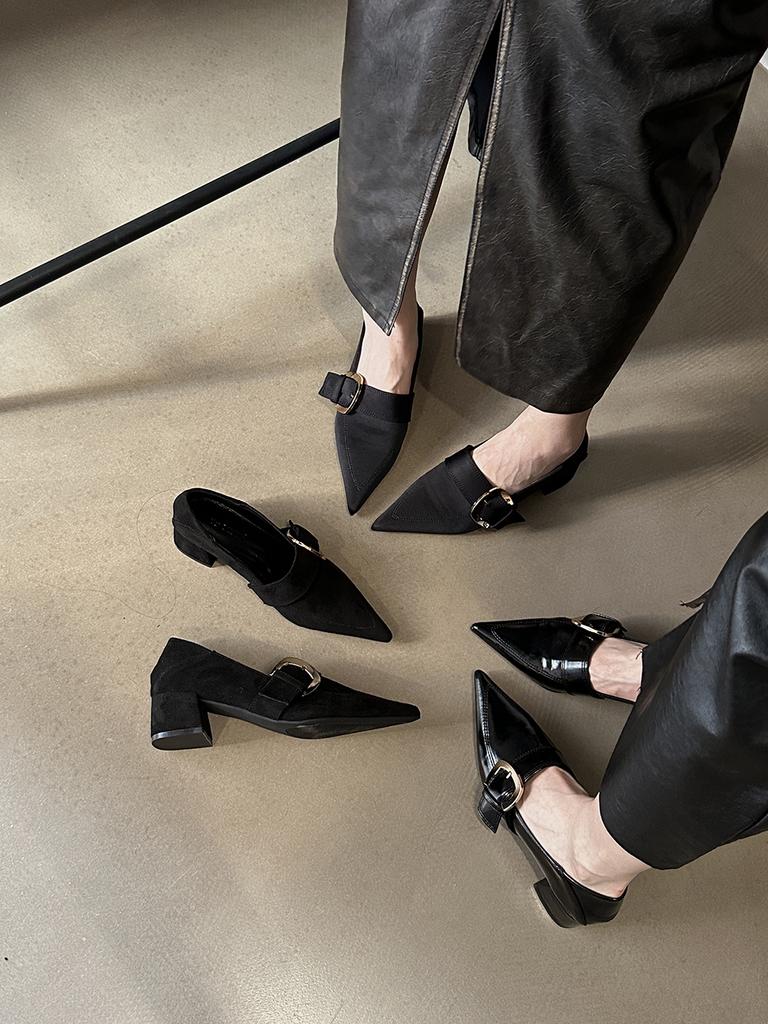 fashion Pointed Toe Women Pumps Shallow Slip On Flat Mid Heeled Belt Buckle Slip On Thick Heels Flcok/PU/Lycra Office Pumps Shoes 35-39