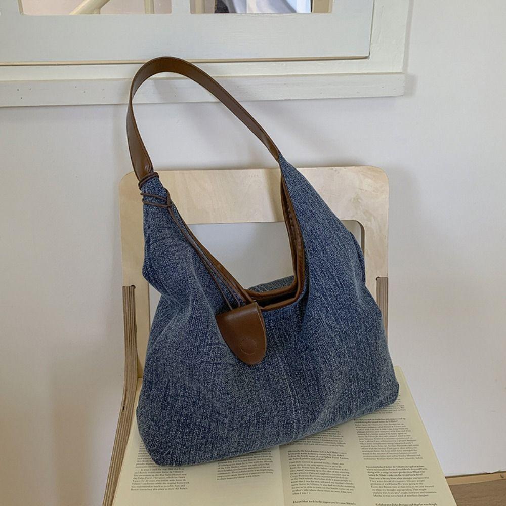 Harajuku Denim Tote Bag Korean Style Commuting Underarm Bag Leisure Canvas Shoulder Bag  Lady