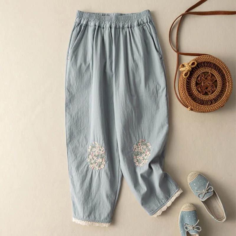 Embroidered Cotton Linen Pants Women  Elastic Waisted  Harem Pants Summer Linen Artistic Loose Casual Cropped Pants