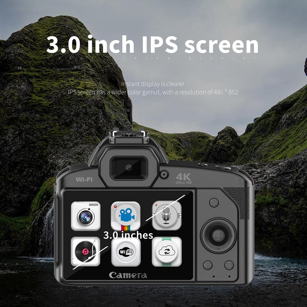 4K Digital Camera WiFi Digital Video Camera 64MP Dual Lens 3 Inch IPS Screen 16X Anti-Shake Zoom Night Vision Built-in Battery B