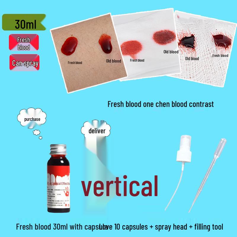 Washable Fake Blood Spray & Capsules for Halloween Makeup & Acting.