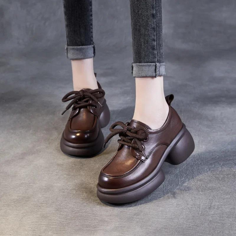 Fashion 6CM Luxury Design Chunky Platform Pumps Women Thick High Heel Genuine Cow Leather Handmade Retro Lace-Up Casual Women Shoes