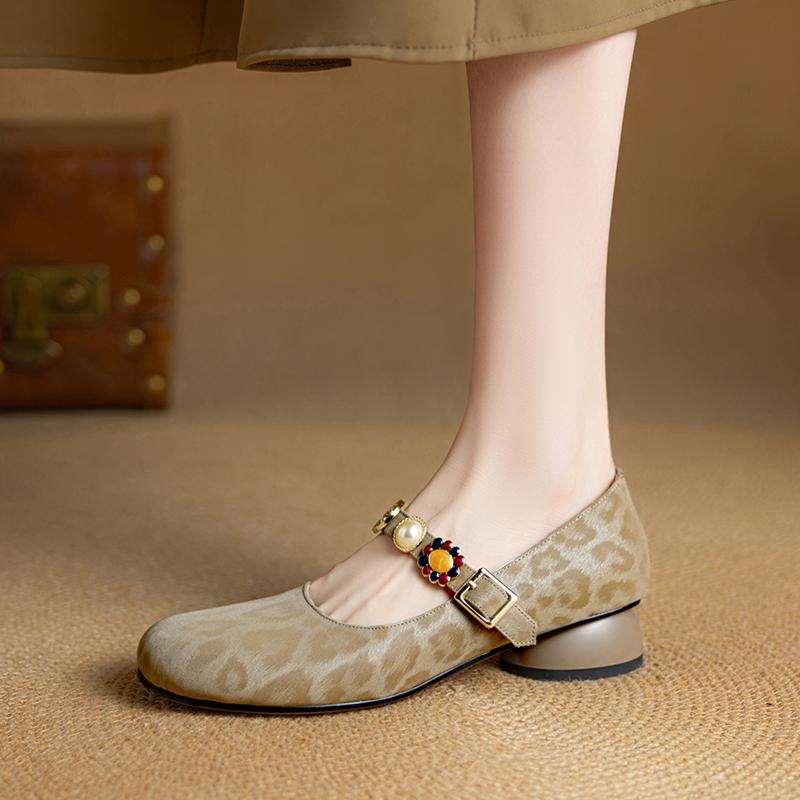 Krazing Pot Stain Sheep Skin Summer Size 40 Mary Janes Low Heels Gray Color Leopard Prints Round Toe Elegant Shallow Pumps
