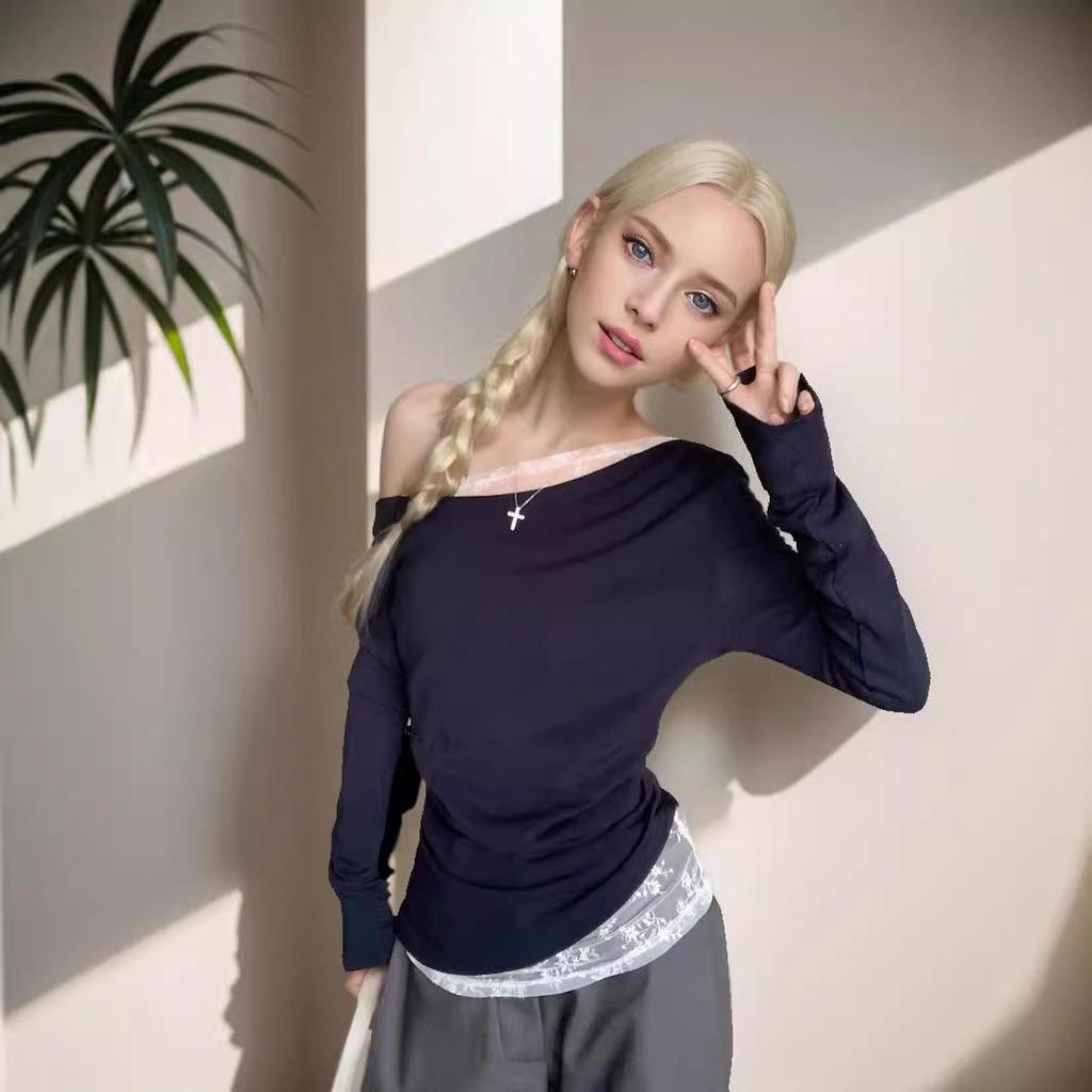 Off-Shoulder Spliced Lace Long-Sleeve Slim Top - 2024 New Pure & Sexy Autumn Style