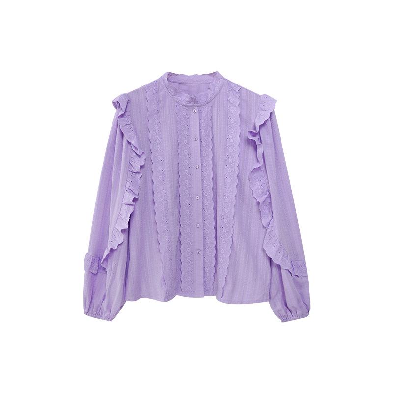 

NEWOPEN 2025 Ранняя весна Рубашка с длинными рукавами и воротником-стойкой во французском стиле с оборкой по краю One Size фиолетовый