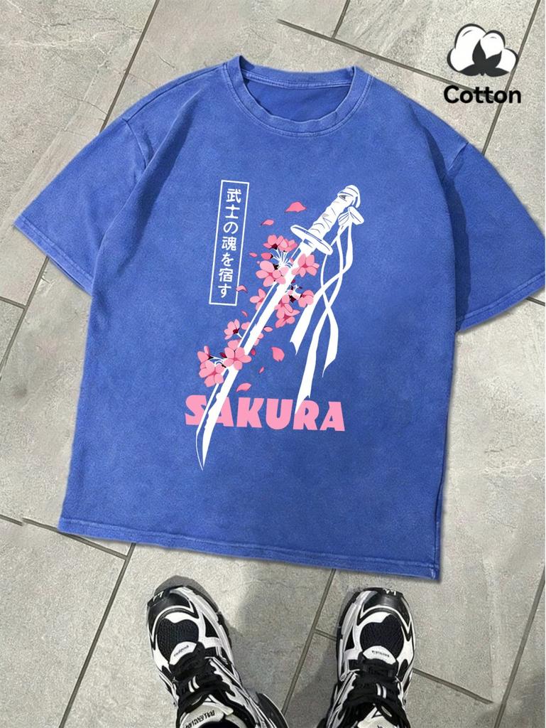 Japanese Katana Sakura Prints Washed TShirts Mens Oversized Cotton T Shirt Summer ONeck Short Sleeve Tops Casual Male Clothes