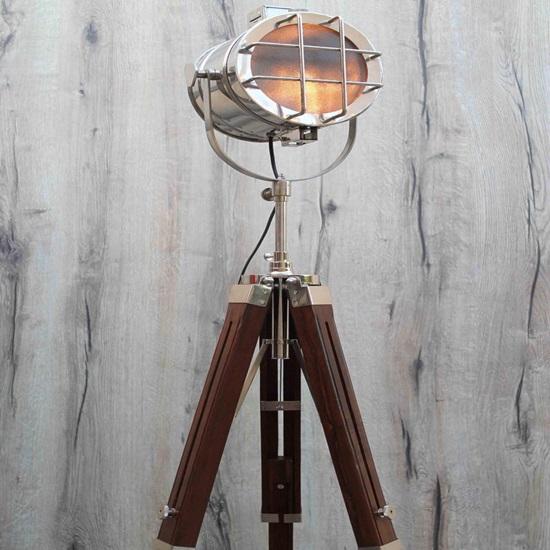 Industrial Tripod Floor Lamp Nautical Steampunk Chrome Spotlight
