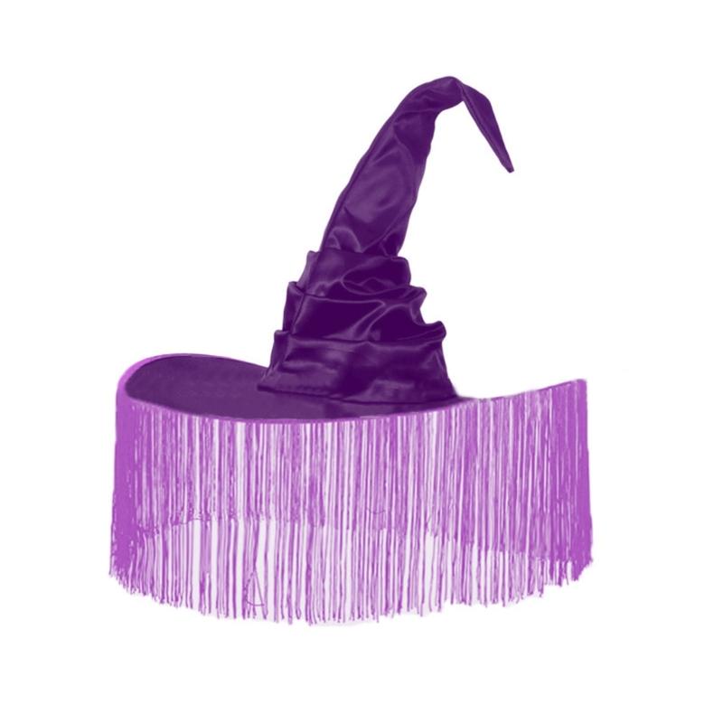 Women Costume Witch Cap Pleated Wizard Hat Halloween Party Headwear Brimmed Hat Tassel/Lace Brim Hats Holiday Headdress