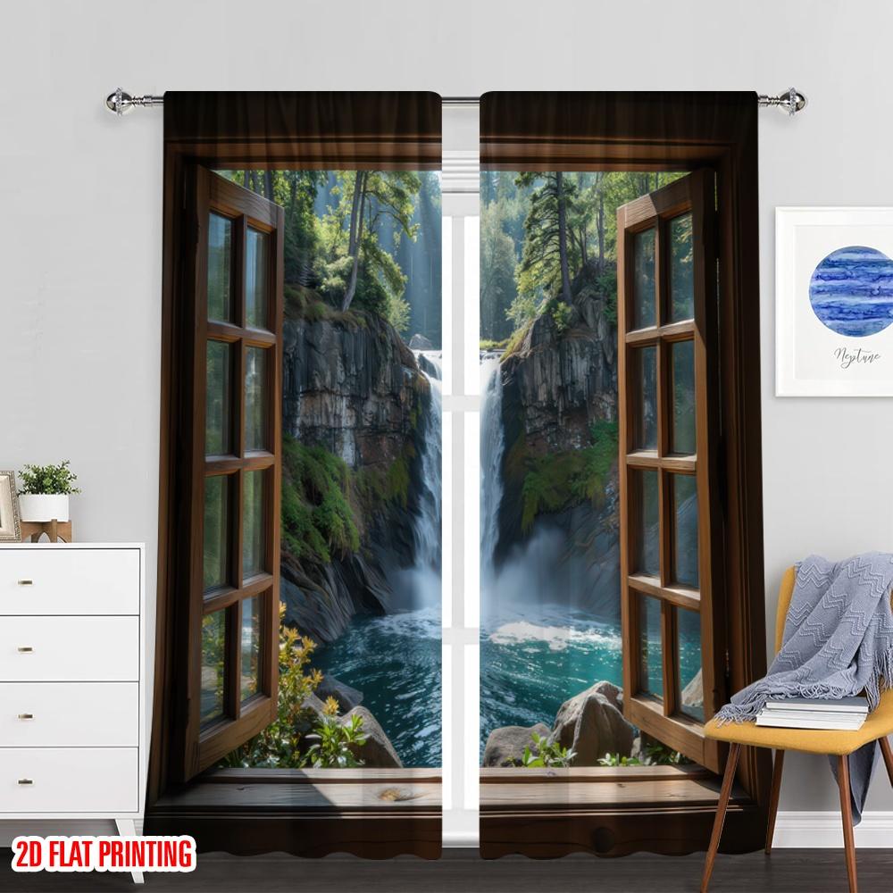 Set Of 2 Flat Printing Curtain Forest Polyester Spring Party Holiday Decor Use Living Room Outdoor Darkening Ideal For