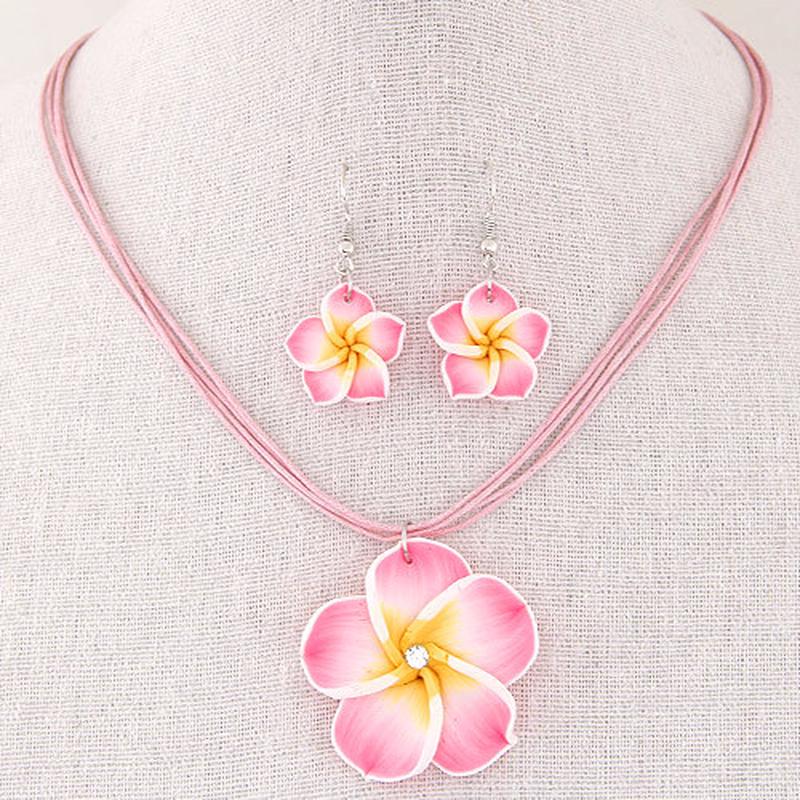 Conjuntos de joias femininas de flores de plumeria doce, brincos de argila de polímero fimo, colar com pingente