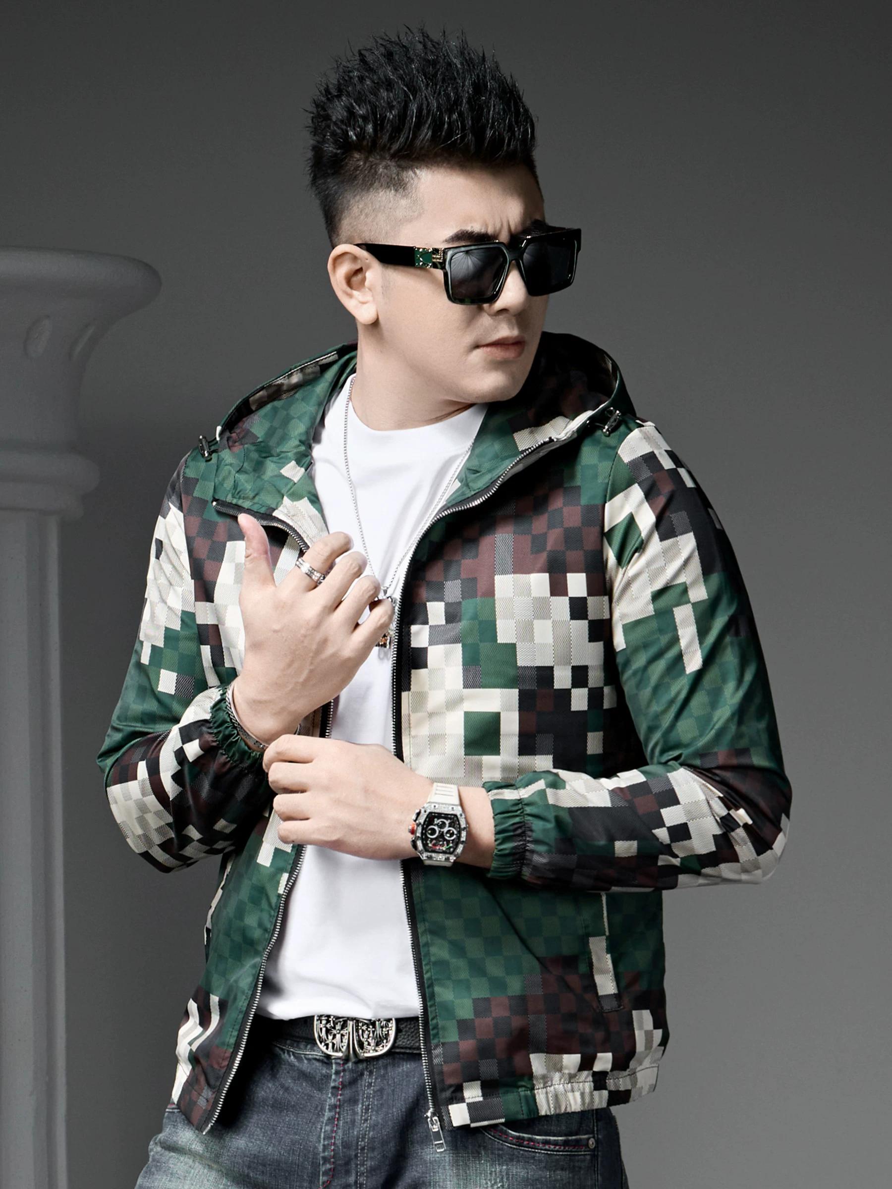 

European Camouflage Plaid Print Hooded Jacket Men s 2025 Autumn New Trendy Slim-Fit Jacket Men s Clothing 3XL (82.5-90kg) синий