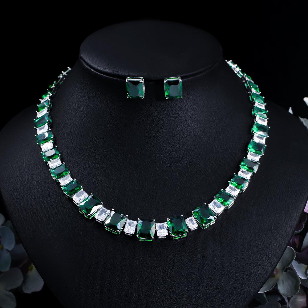 Hip Hop Bridal Zircon Set Chain, Emerald Necklace Earrings Wedding Dress Set