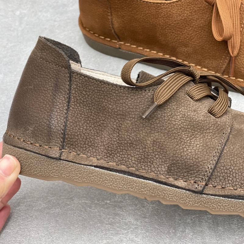 Johnature Casual Genuine Leather Lace-up Flats Round Toe Solid Color Cowhide Versatile Women's Shoes