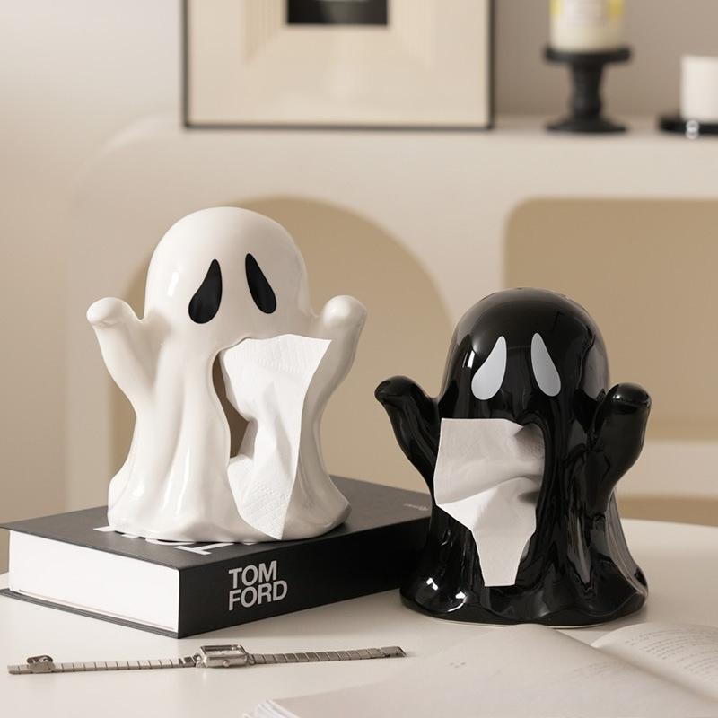 Cartoon Ghost Tissue Box Household Ceramic Tissue Box Fun Halloween Toilet Paper Holder Desktop Storage Ornaments Napkin Holder