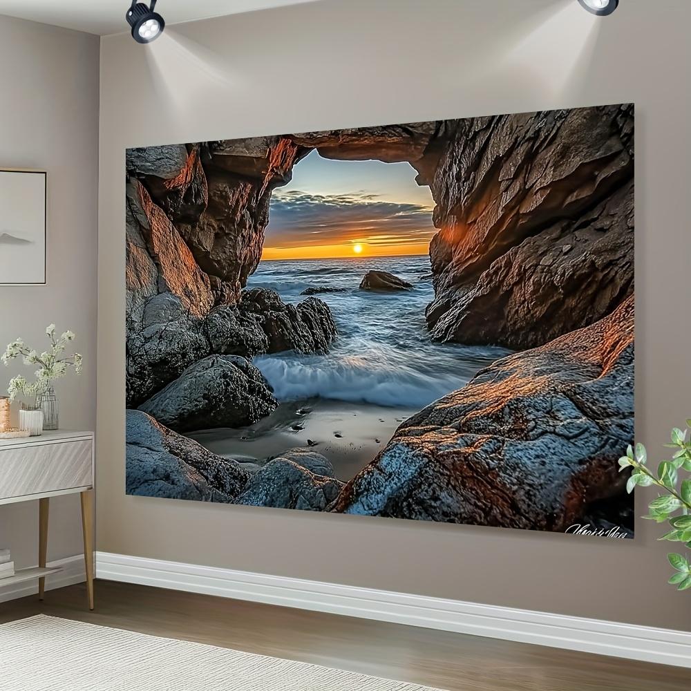 Ocean Cave Sunset Beach Tapestry Rocky Shoreline Sea View Wall Hanging Coastal Decor Living Room Art Print