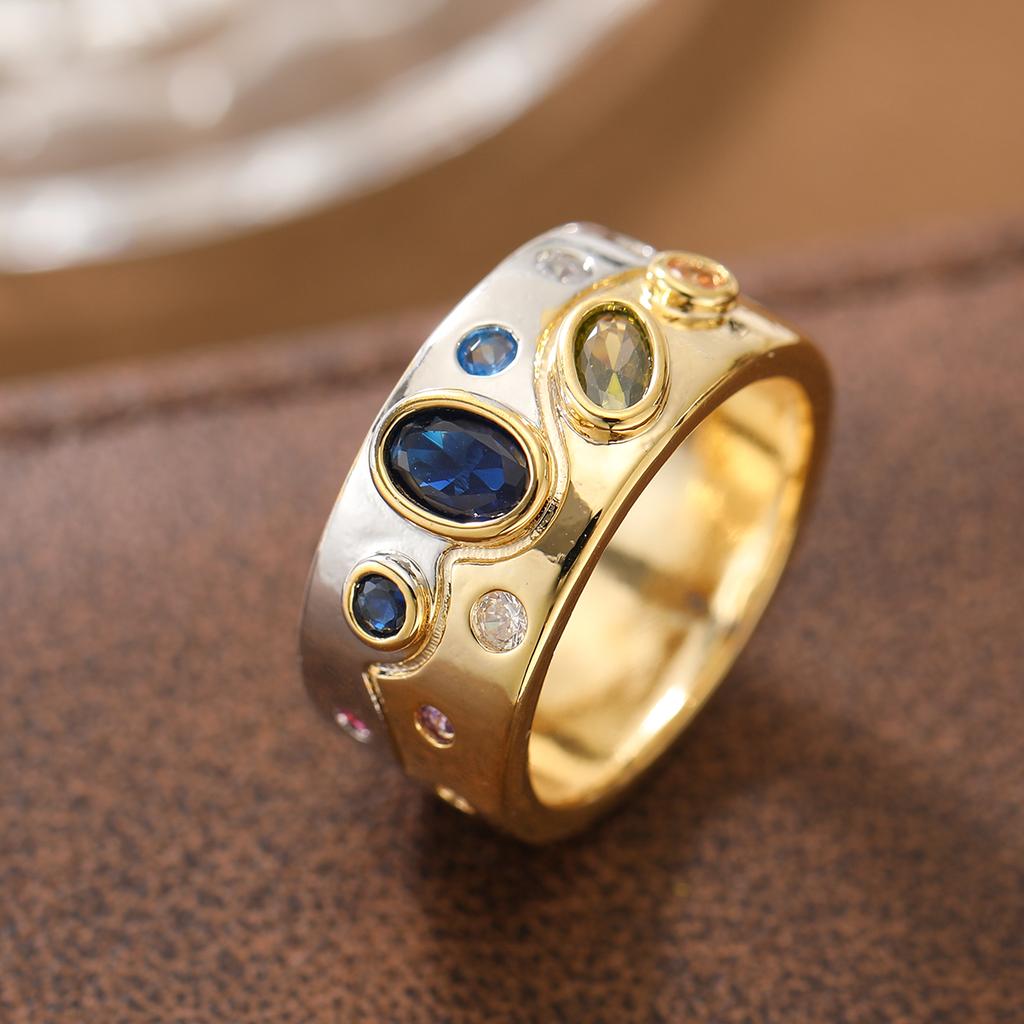 Luxury Two-tone Wide Band Colorful Synthetic Gemstone Ring Copper Material Women Jewelry Ring For Banquet