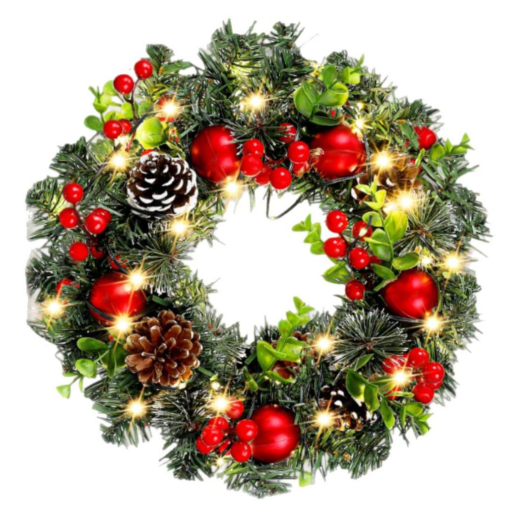 40CM Christmas Wreath with Red Berries, PE Leaves, and Pine Cones Ornaments