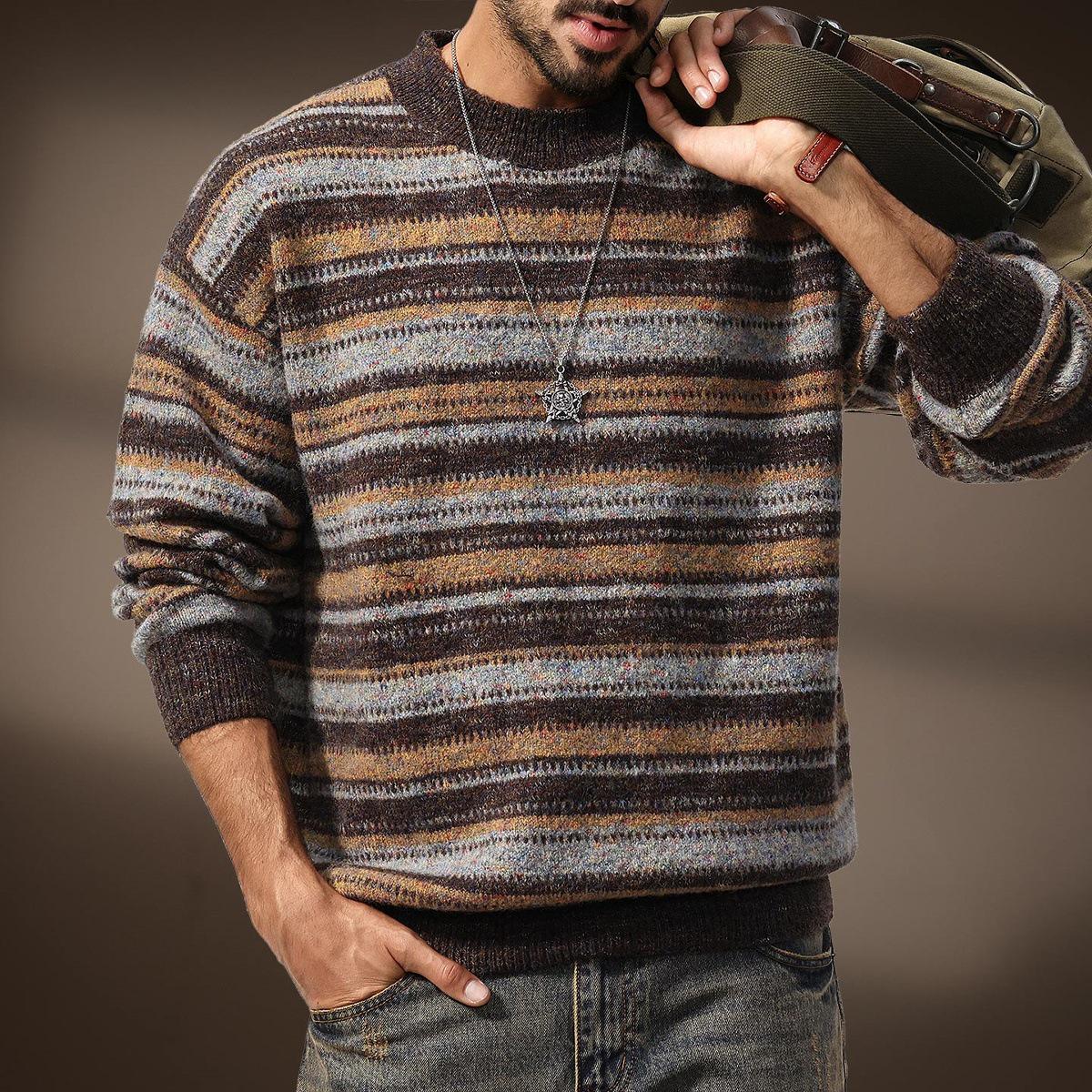 

High-End Men s Retro Fair Isle Sweater - Autumn/Winter Round Neck Loose Knitwear 4XL (210-230 lbs) жовтий/коричневий