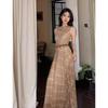 French Retro High-End Sleeveless Plaid Waist-Cinching Long Dress for Women