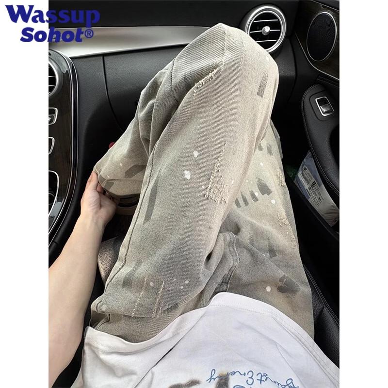 Wassup Sohot Men s Vintage Tie-Dye Straight-Leg Jeans XL сине-серый