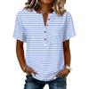 Women’s Striped Print Henley Neck Button Front Short Sleeve Cotton Linen Shirt with Chest Pocket Casual Fit Top