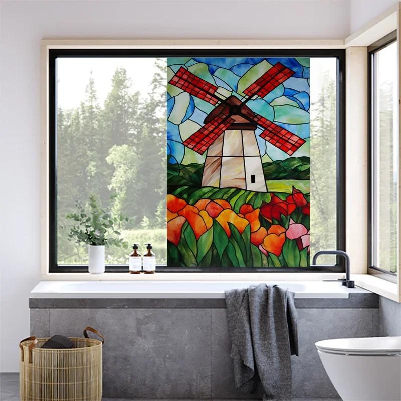 Art Rose Lotus Glass Film Church Stained Window Films Static Vintage Cling Waterproof Sun-proof Frosted Privacy Glass Stickers