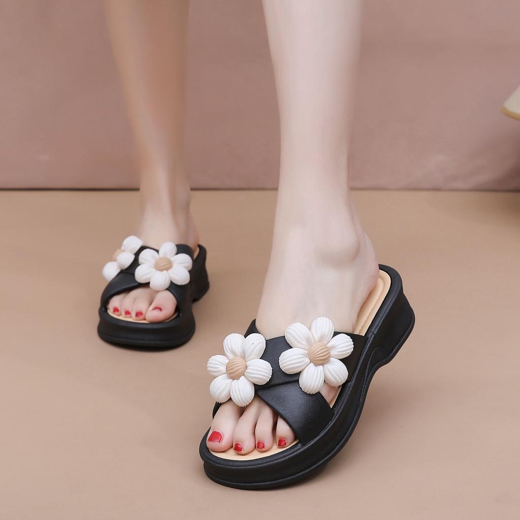 Strandsandalen Pantoletten Hausschuhe Keilabsatz Weiche Sohle Rutschfest Floral Heimschuhe für Damen Hausschuhe Frau