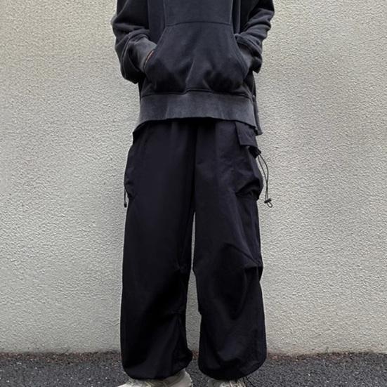 Men Baggy Cargo Pants Solid Color Parachute Pants Loose Fit Jogger Trousers with Side Pockets for Street Outdoor Sports