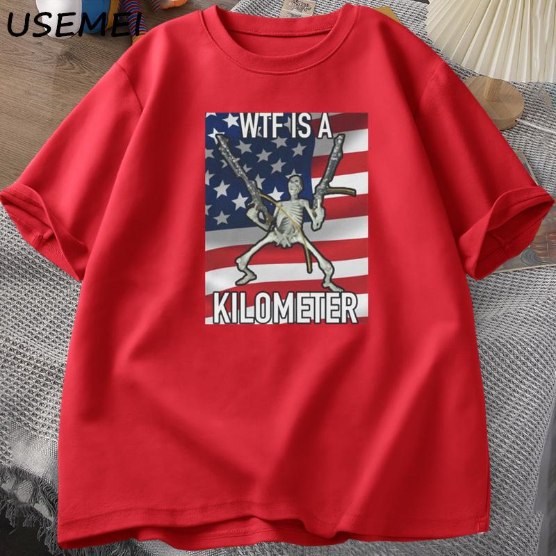 WTF Is A Kilometer Funny Skeleton Meme Tshirt Casual Cotton Short Sleeve Funny Parody Tees American Unisexs Clothes Streetwear S