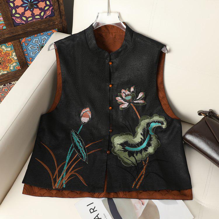 2026 Black Lotus Leaf Retro Chinese Style Frog Button Xiangyun Silk Women s Sleeveless Vest XL