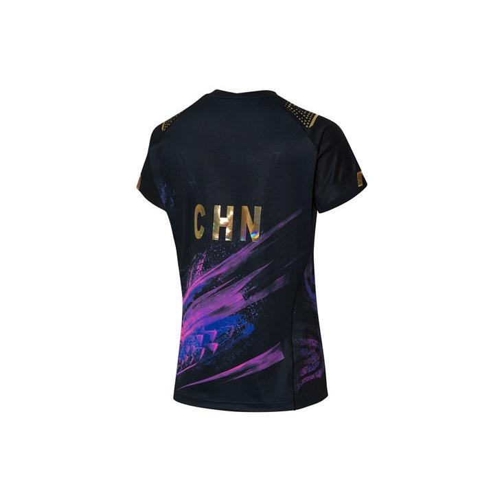 Lining Ping Pong Serie Kleurrijke Print Ademend Sport T-shirt met Korte Mouwen Dames Tops Zwart AAYR360-2
