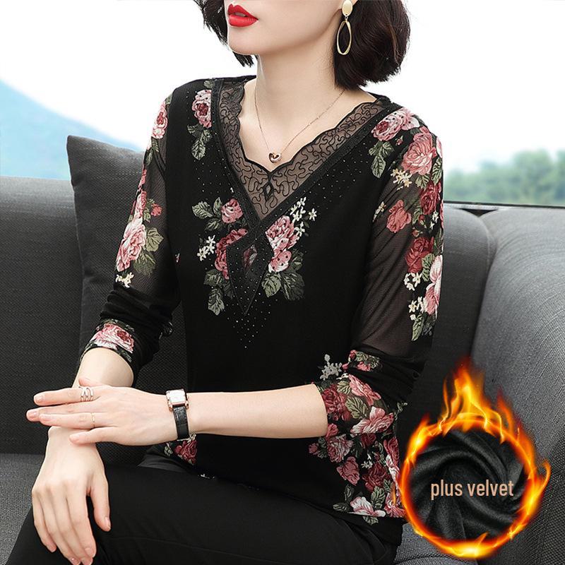 Autumn Black Long-Sleeve Printed Pullover: Mid-Length, Loose-Fit, Round-Neck T-Shirt