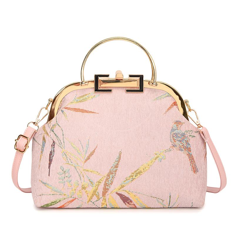 Boho Chic Floral Embroidered Shoulder Bag for Women Metal Handle Purse with Chain Strap Party Gift