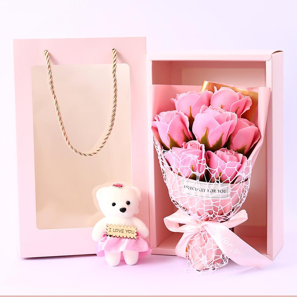 Valentine’s Day Mother’s Day Artificial Soap Rose Bouquet with Teddy Bear Gift Box Romantic Gift for Her Creative Home Decor