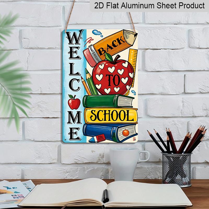 2D Flat, 1pc "Welcome Back To School" Metal Wall Art Sign with Apple & Book Stack - 8*12 Inch Aluminium Rustic Classroom Decor, Colorful Teacher